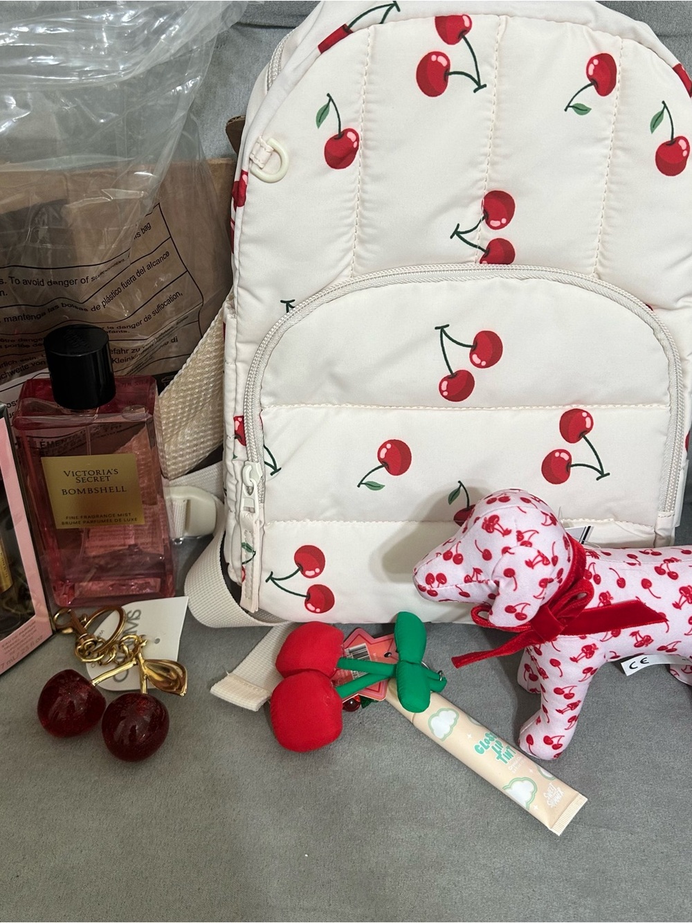 Cherry Print Quilted Backpack Charm Victoria’s Secret Bombshell Mist NWT - Picture 9 of 12